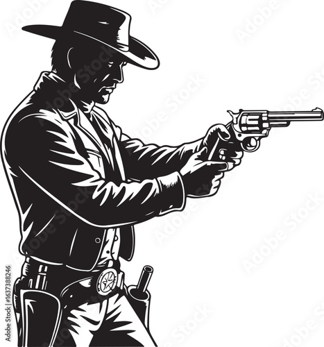 Cowboy Silhouette Drawing Revolver Mid Draw Revolver Angled Outward Action Packed Western Standoff Motif