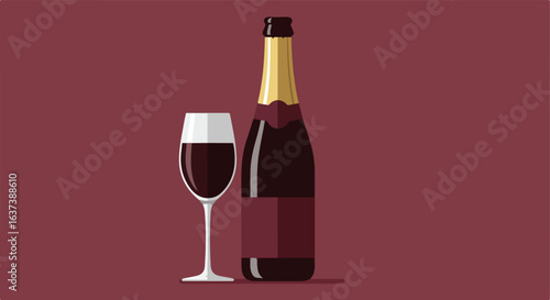Burgundy drink bottle with golden top and wine in flute glass on a dark background