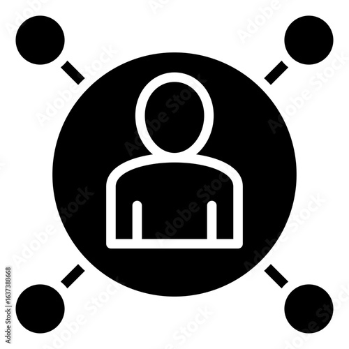 Networking Glyph Black Silhouette Icon Design Vector - central person with connected dots around, representing communication, collaboration, or social connections
