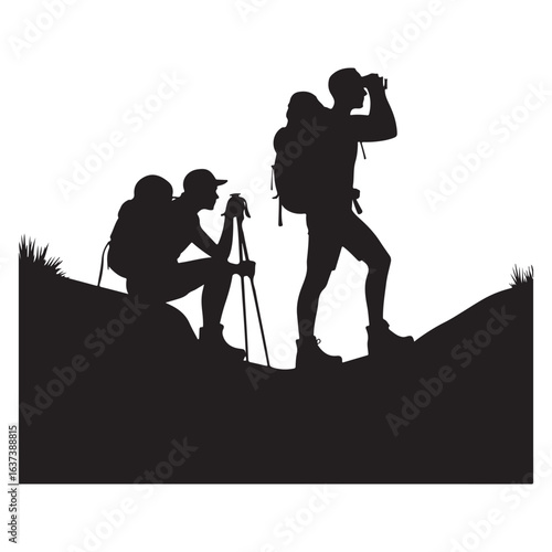 Silhouetted hikers with backpacks and trekking poles explore a rocky mountain landscape