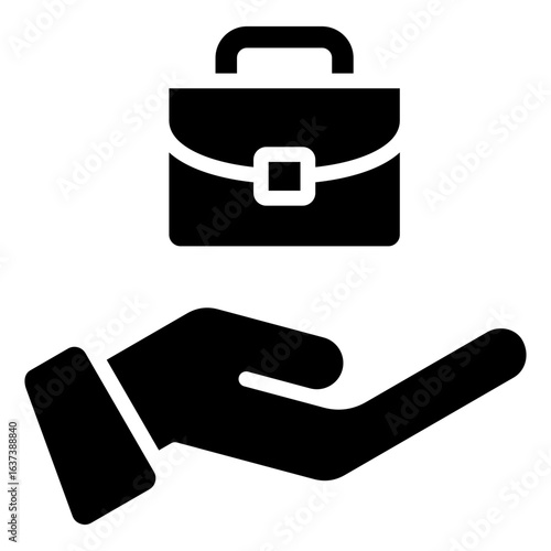 Job Offering Glyph Black Silhouette Icon Design Vector - hand offering a briefcase, symbolizing job opportunity, hiring, or professional offer