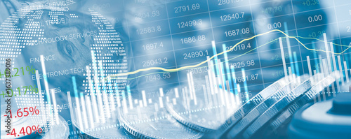 Quadro su tela Stock market, financial report on world currency with economic growth trend, inv