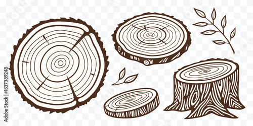 Tree Rings and Log Stumps Hand Drawn Graphic Illustration for Forestry and Nature Themed Designs
