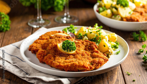 Crispy schnitzel served with fresh potato salad and garnished with parsley, creating delightful and appetizing meal experience