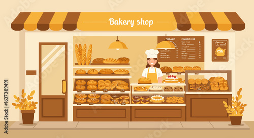 Charming Bakery Shop Front with Fresh Baked Goods and Friendly Baker