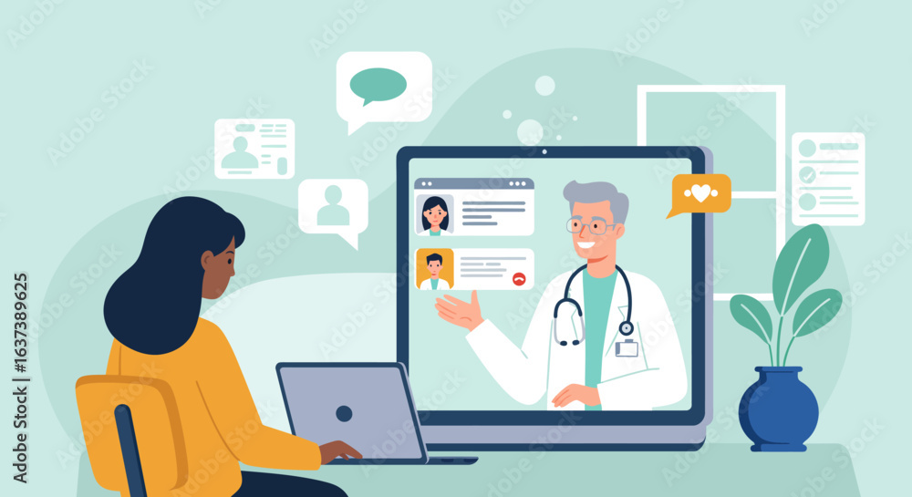 Woman Using Laptop for Telemedicine Consultation with Doctor on Screen