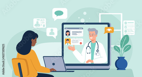 Woman Using Laptop for Telemedicine Consultation with Doctor on Screen