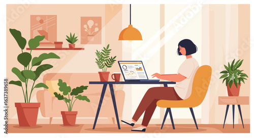 Woman Working at Home on Laptop with Plants Around