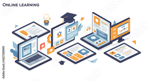 Wallpaper Mural Isometric Online Learning Illustration with Devices and Educational Elements Torontodigital.ca