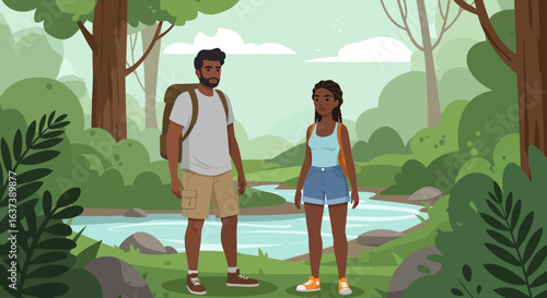 Couple Hiking in Forest Illustration