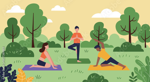 Diverse Group Practicing Yoga Outdoors in Nature