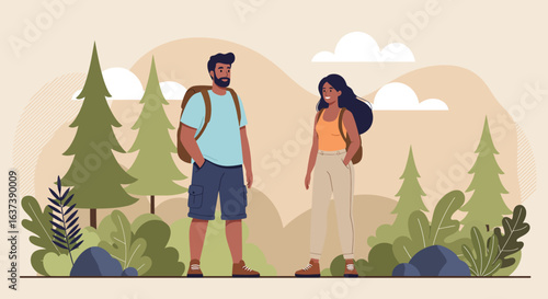 Couple Hiking in Nature with Backpacks and Trees