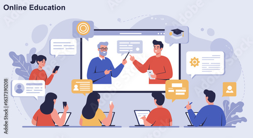Online Education Illustration with Students, Teachers, and Digital Devices