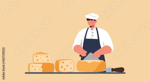 Cutting cheese. Man in white coat with hat cuts cheese with a tool. Slices around