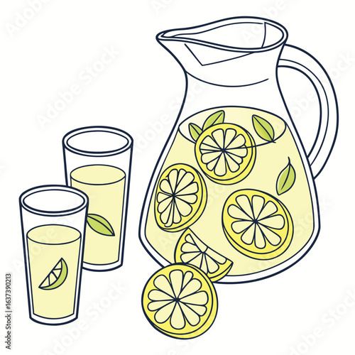 Refreshing Lemonade: A vibrant illustration of a pitcher of lemonade with lemon slices and mint leaves, alongside two glasses, symbolizing refreshment and summer.