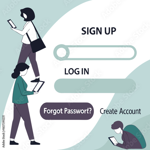 Digital Interface & Account Creation: A clean, modern illustration depicts the user interface with intuitive sign-up and login fields, alongside account creation and password reset options.