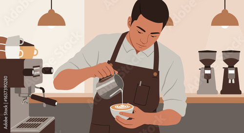 Barista Pouring Latte Art into Coffee Cup