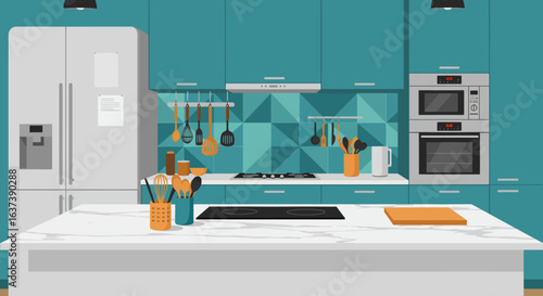 Modern Kitchen Interior with Teal Cabinets and Marble Island