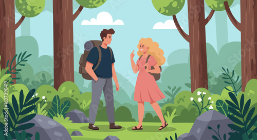 Cartoon Couple Hiking in Forest Landscape Illustration