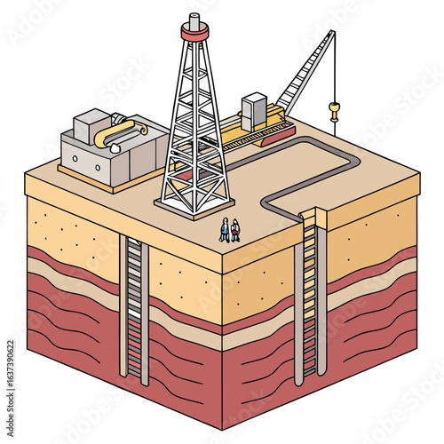 Industrial Oil Rig in Action: A meticulously detailed isometric illustration showcases the sophisticated operation of an industrial oil rig.