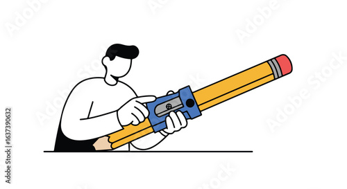 Cartoon illustration of a person sharpening an oversized yellow pencil