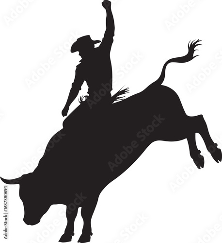 Black Silhouette of Cowboy Riding Bucking Bull One Arm Raised Isolated on White Background
