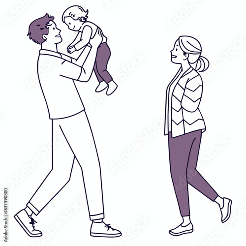 Family Moment: A tender family scene captures a father joyfully lifting his child in the air, while the mother watches with a loving smile. a testament to the values of family unity.