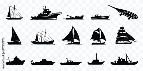 Variety of Boat and Ship Silhouettes Set Against Transparent Background Maritime Vessel Collection Different Styles and Sizes for Design Elements
