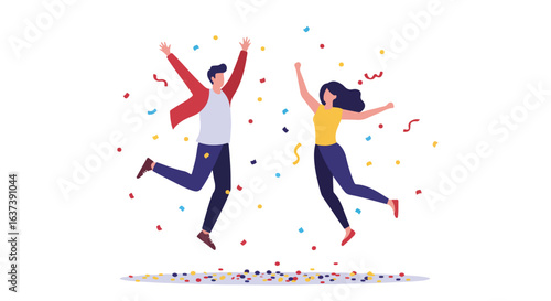 Two people are jumping in the air, confetti falling down, celebrating a success