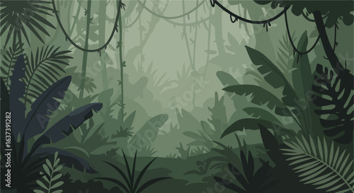 Lush jungle vegetation with hanging vines, misty atmosphere, & detailed greenery