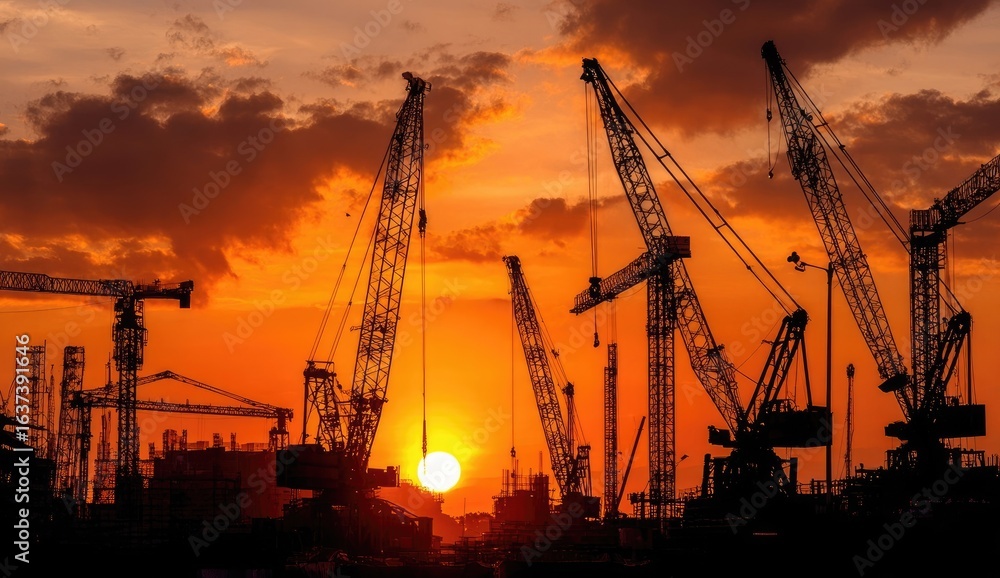 Obraz premium Silhouette of cranes at sunset over a construction site