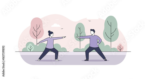 Couple doing yoga outdoors, surrounded by stylized trees, birds, and clouds