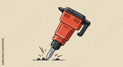 Orange jackhammer breaking surface. Black handle, accents, debris, and a beige background