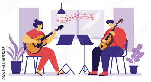 Two musicians perform. Indoor setting with plants, stands, guitar and cello. Flat style