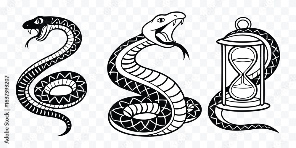 Obraz premium Vintage Snake Illustrations Featuring Intricate Line Work and Timeless Symbolism in Black and White Graphic Design for Creative Projects