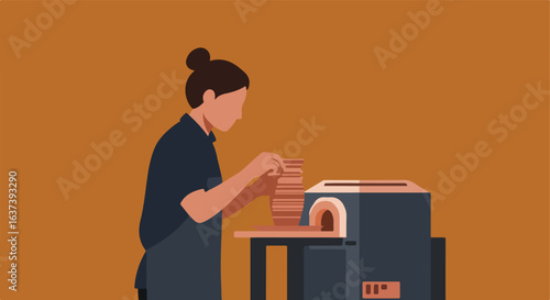 Woman stacks plates next to kiln in studio, background in earth tones, flat artwork