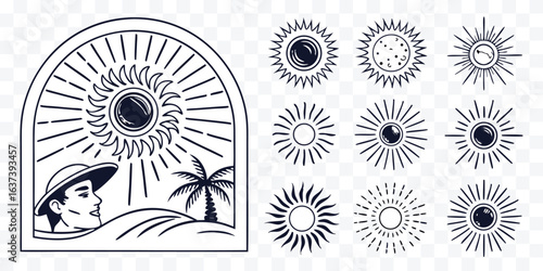 Vintage Summer Vacation Vibes Collection of Sun Designs and Tropical Scenery with a Man in Hat