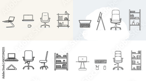 Home office illustration set featuring chairs, laptops, desks, bookshelves, and accessories in clean hand-drawn style. Perfect for workspace and productivity themes.

