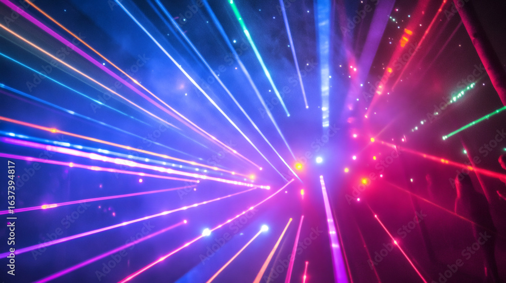 Fototapeta premium Colorful laser light beams radiating outward in a dark space.