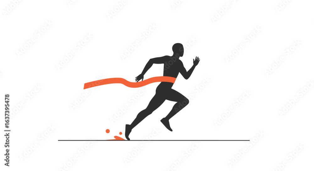 Runner breaking red ribbon at finish line in silhouette against a plain backdrop Runner breaking red ribbon at finish line in silhouette against a plain backdrop