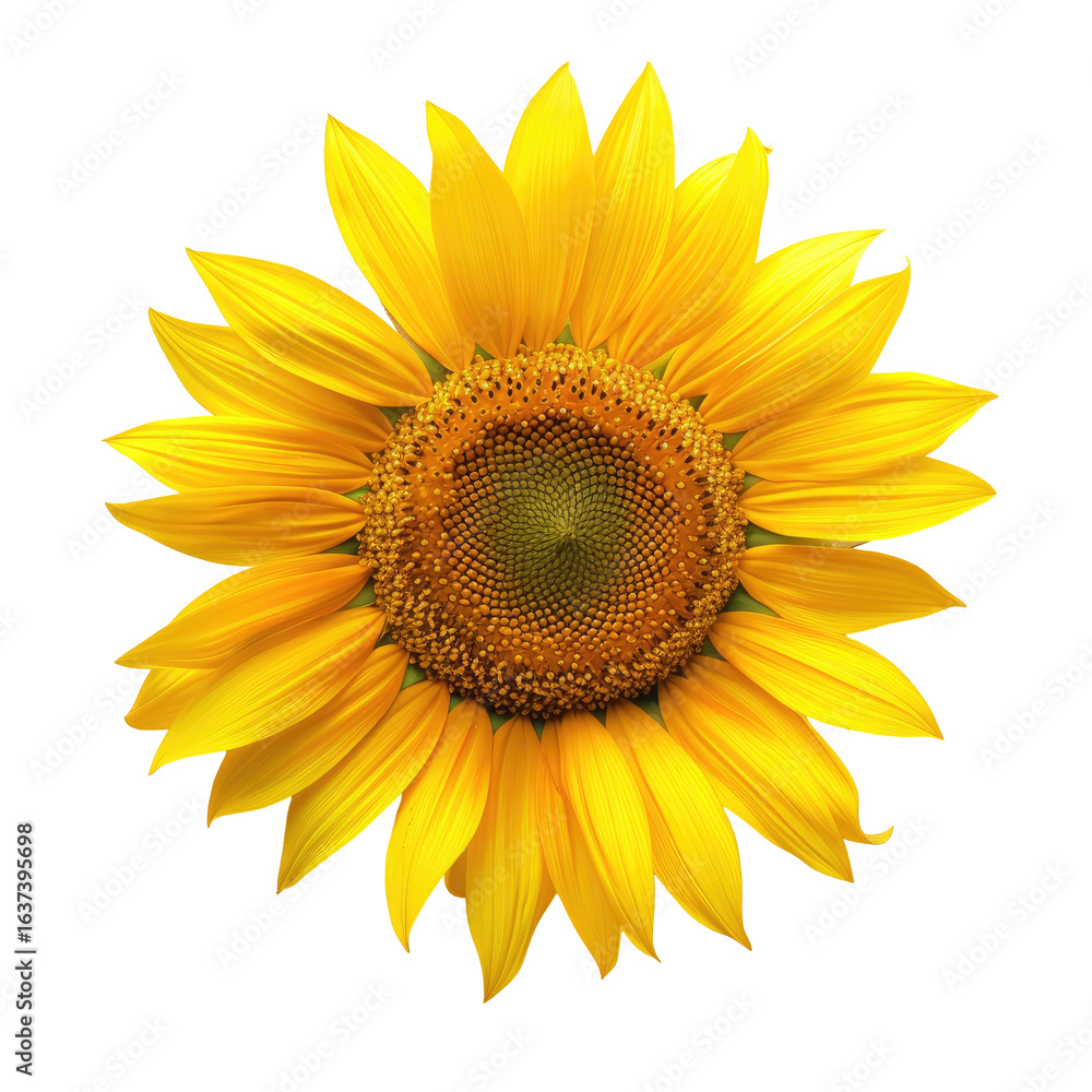 Fototapeta premium Close-up of a bright yellow sunflower against a black background. Distinct, detailed petals radiate from a central, dark-green/brown disk