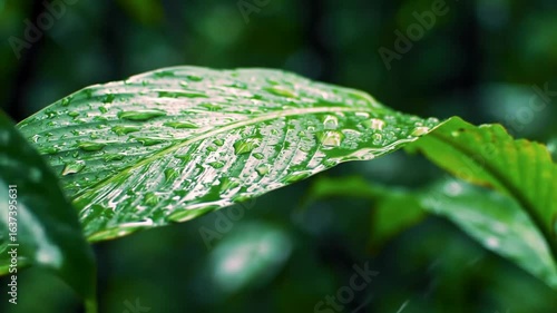 Dew-kissed tea leaf, vibrant green, close-up detail, showing intricate leaf texture and water droplets.