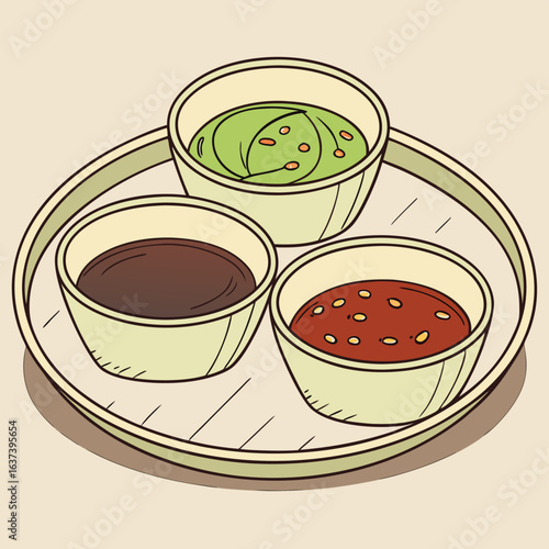 Trio of Sauces: A trio of flavorful sauces, each in its own bowl, rests elegantly on a simple plate, offering a delightful array of tastes and colors for any culinary occasion.