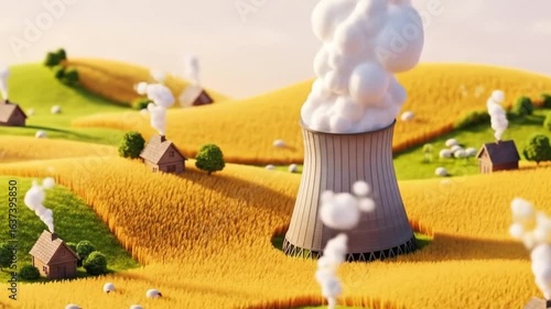 3D miniature-style illustration depicting a cooling tower of a power plant in the middle of a golden wheat field, surrounded by wooden houses, grazing sheep, and small trees, with thick white steam bi