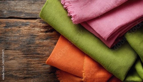 Colorful linen fabrics stacked on rustic wood, ideal for textile design