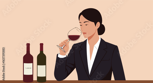 Professional woman smelling red wine in a glass, two bottles beside her on table