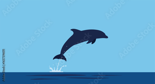 A leaping dolphin, dark against light blue ocean.  Water splashes are visible