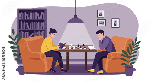 Chess players illustration featuring chess match, bookcase, plants, and pictures