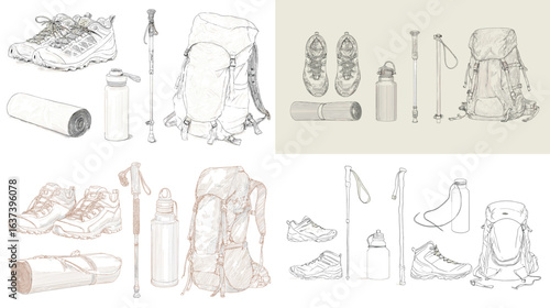 Hiking gear illustration set featuring backpacks, trekking poles, hiking shoes, water bottles, and mats in clean hand-drawn style. Perfect for outdoor adventure and travel themes.

