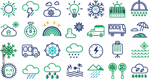 Assorted Weather and Transportation Icons in Green and Blue Hand Drawn Style snowflake cloud